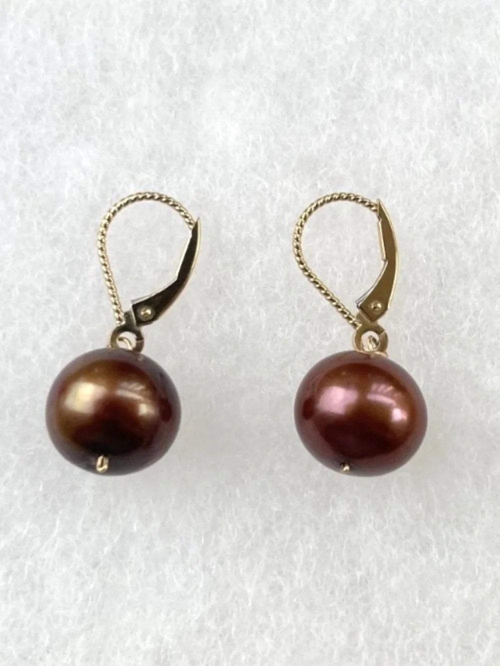 14k Gold stamped Burgundy/Maroon 10mm Pearl Drop Earrings - Picture 3 of 7